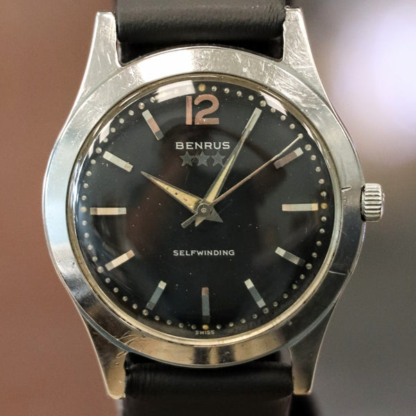1960s BENRUS 3-Star Self-Winding Watch 17 Jewels Black Dial Model