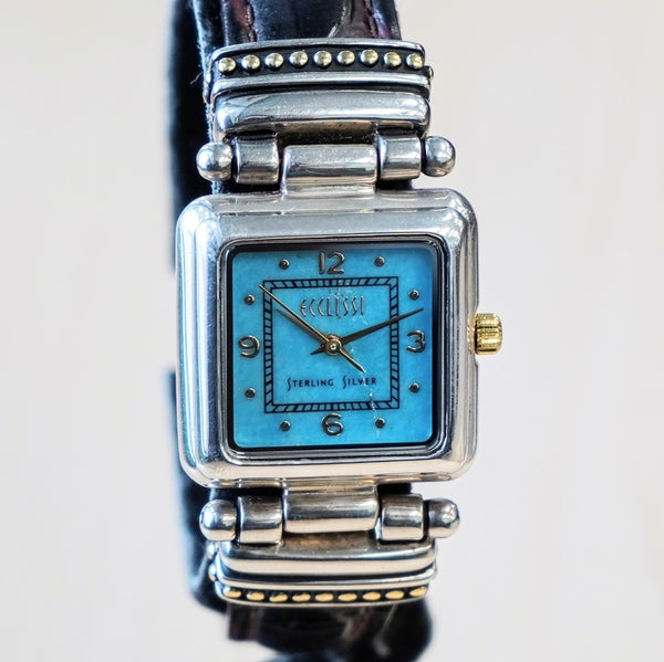 ECCLISSI women’s watch Sterling silver brown leather band white & turquoise face Ecclissi Sterling Silver Turquoise Face Leather Band  main image 2