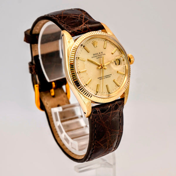 1974 Rolex Oyster Perpetual Date Watch 1503 34mm 14K Yellow Gold