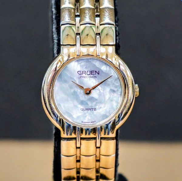 Vintage Gruen Mother of Pearl Genuine Diamond Quartz Ladies Watch Vintage Gruen Precision Crystal Two Tone Expansion Watch - Etsy main image 2