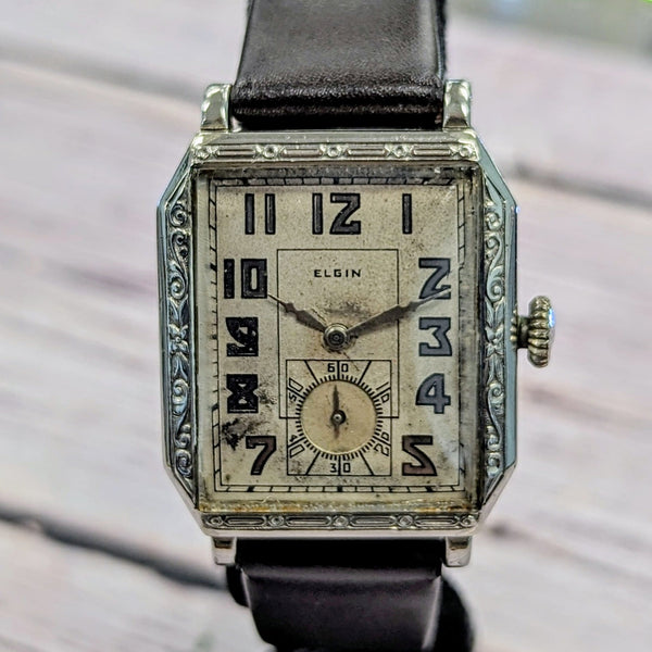 1930 ELGIN Watch 17 Jewels Grade 489 Art Deco Tank Case 14K  display picture 1