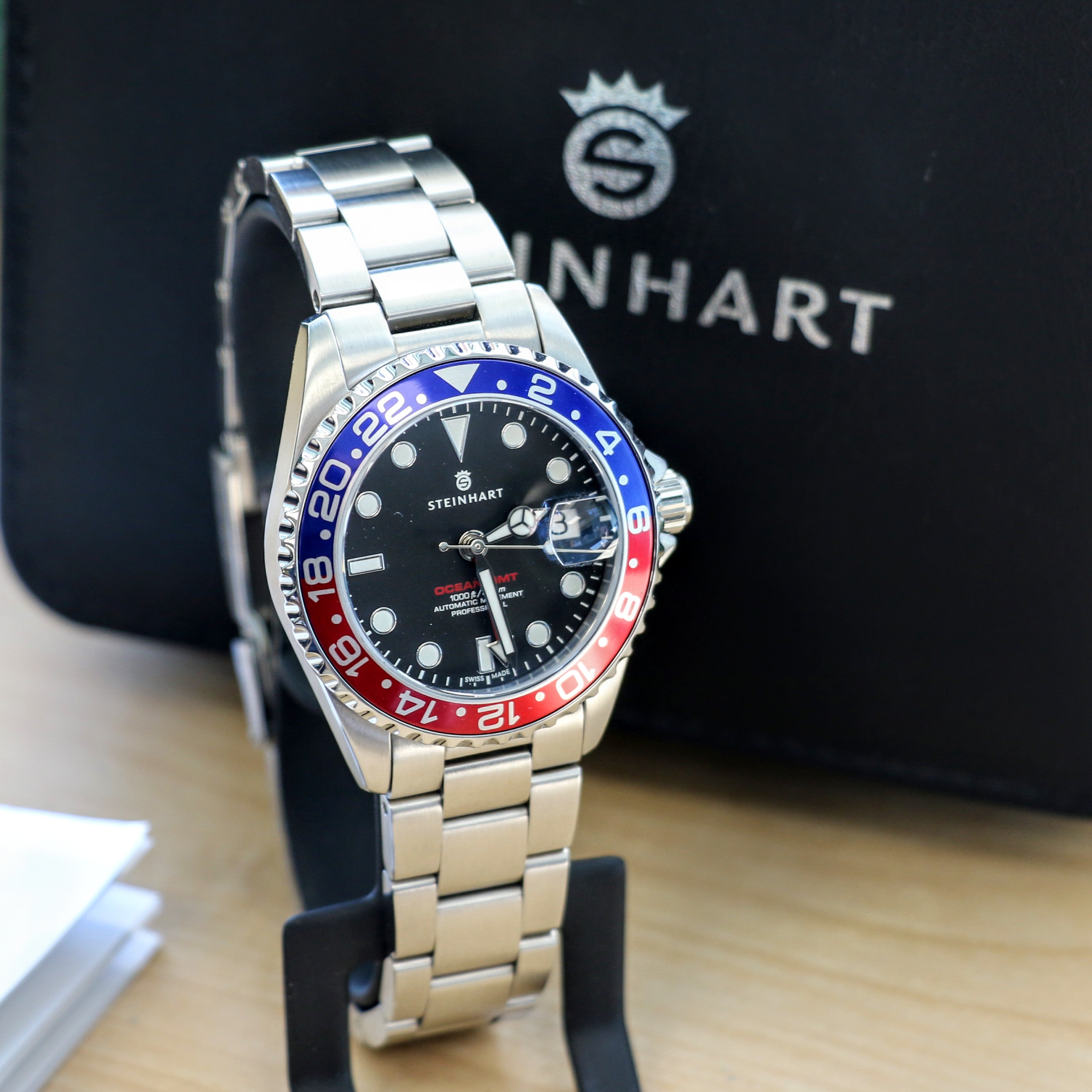 Steinhart Ocean 39 GMT Automatic Watch RED-BLUE Pepsi Bezel ALL Original!  Box u0026 Papers!