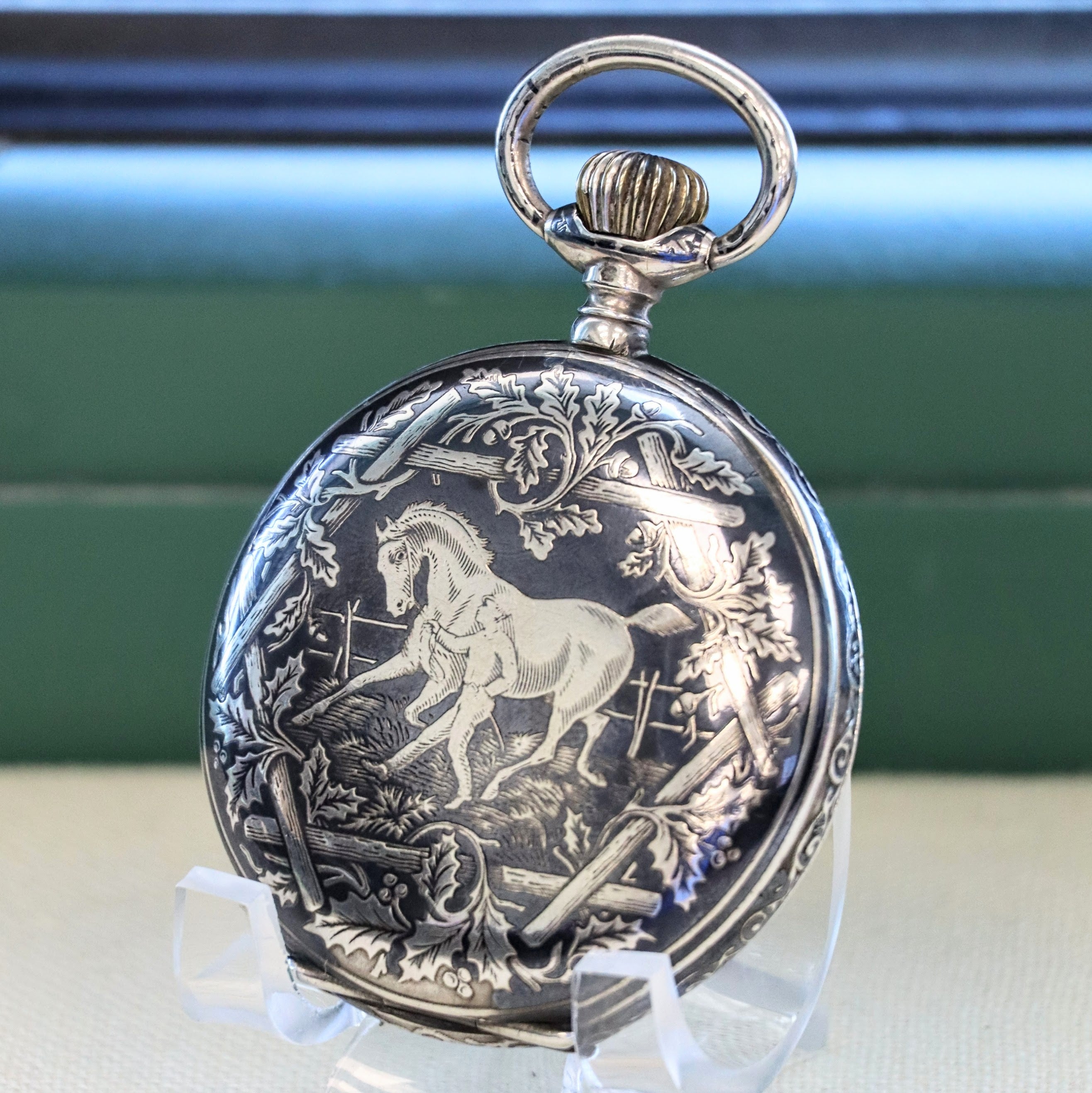 Antique 1900s Swiss Pocket Watch Lever Set Hunter Niello