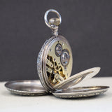 Antique 1900s Swiss Pocket Watch Lever Set Hunter Niello .800 Silver & Rose Gold Inlay Case 15 Rubis