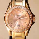 FOSSIL Ladies Mini Glitz Watch Date Indicator Diamond Bezel All Rose Gold S.S. - ES-2889 Box & Papers!