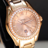 FOSSIL Ladies Mini Glitz Watch Date Indicator Diamond Bezel All Rose Gold S.S. - ES-2889 Box & Papers!