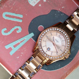 FOSSIL Ladies Mini Glitz Watch Date Indicator Diamond Bezel All Rose Gold S.S. - ES-2889 Box & Papers!