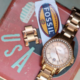 FOSSIL Ladies Mini Glitz Watch Date Indicator Diamond Bezel All Rose Gold S.S. - ES-2889 Box & Papers!