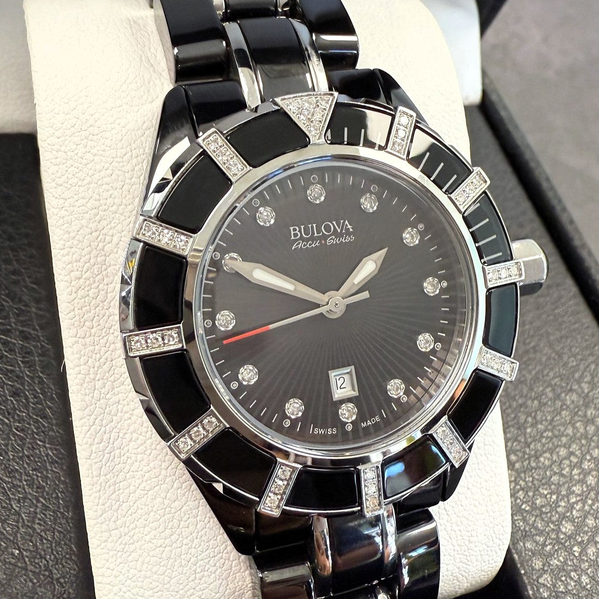 Bulova Accu Swiss 65R156 Women's Watch – Black Dial with Diamonds