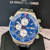 Close-up of Gevril Hudson Yards blue dial with luminous hands and chronograph subdials