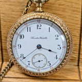 Close-up of Hamilton white enamel dial with black Arabic numerals and small seconds