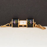 Vintage Ladies BUCHERER Q Pendant Swiss Watch Black Decorated Enamel Case - Multi Link Long Chain