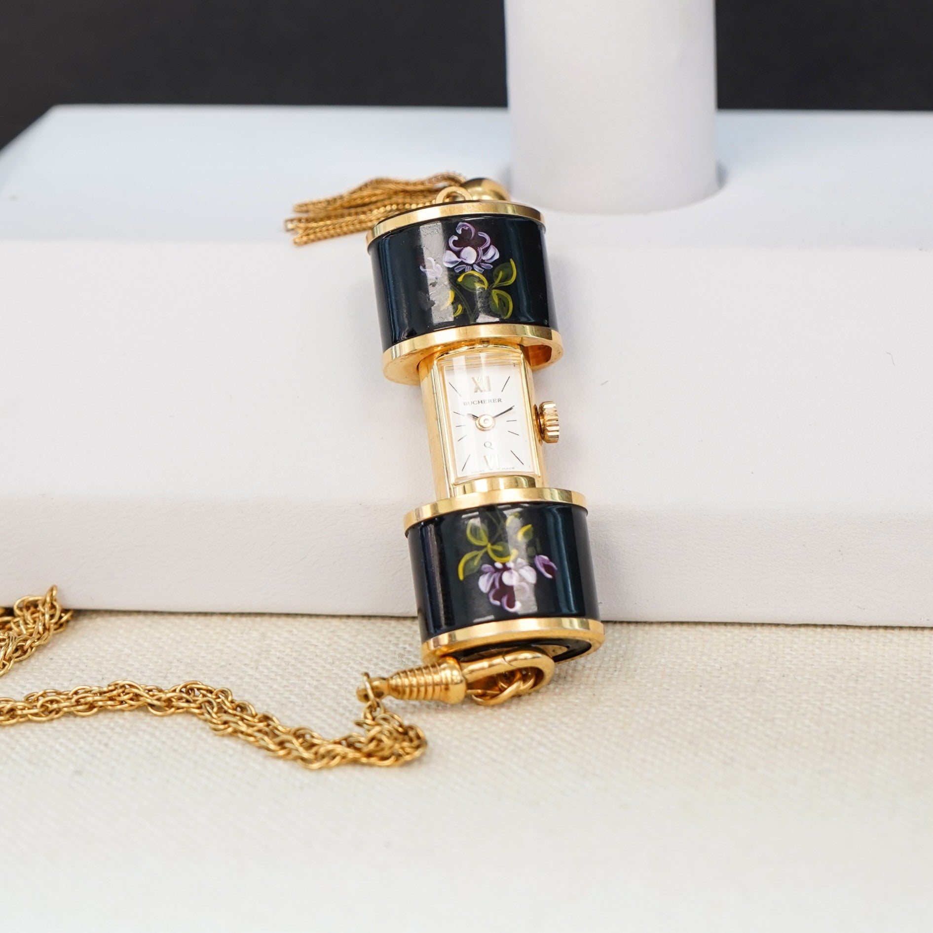 Vintage Ladies BUCHERER Q Pendant Swiss Watch Black Decorated