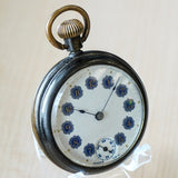 Vintage POCKET WATCH "Dollar Watch" Decorated Dial Gold & Blue Arabic Numerals Openface Bronze Case