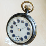 Vintage POCKET WATCH "Dollar Watch" Decorated Dial Gold & Blue Arabic Numerals Openface Bronze Case
