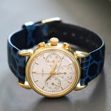 A.E.W.C. Chronograph Watch 18K Gold 17 Jewels Display Back 15108.2 Lemania Movement