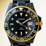 PARNIS Automatic Watch Date Indicator GMT/Dual Time Black Rotating Bezel Wristwatch 42mm