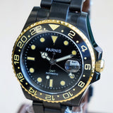 PARNIS Automatic Watch Date Indicator GMT/Dual Time Black Rotating Bezel Wristwatch 42mm