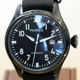 PARNIS Automatic Watch Large Pilot Style Date Display Case Back Wristwatch 46mm