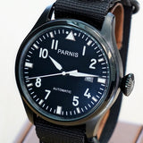 PARNIS Automatic Watch Large Pilot Style Date Display Case Back Wristwatch 46mm