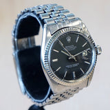 1966 ROLEX Datejust Watch Ref. 1601 Black Dial 36mm ALL S.S. & 18K White Gold Bezel Jubilee Bracelet