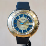 Vintage ELGIN SWISSSONIC Watch Day/Date Blue & Gold-Tone Dial - RARE!  Fancy Oval Case