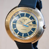 Vintage ELGIN SWISSSONIC Watch Day/Date Blue & Gold-Tone Dial - RARE!  Fancy Oval Case