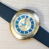 Vintage ELGIN SWISSSONIC Watch Day/Date Blue & Gold-Tone Dial - RARE!  Fancy Oval Case