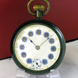 Vintage POCKET WATCH "Dollar Watch" Decorated Dial Gold & Blue Arabic Numerals Openface Bronze Case