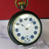 Vintage POCKET WATCH "Dollar Watch" Decorated Dial Gold & Blue Arabic Numerals Openface Bronze Case
