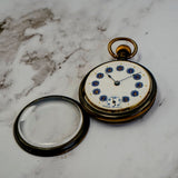 Vintage POCKET WATCH "Dollar Watch" Decorated Dial Gold & Blue Arabic Numerals Openface Bronze Case