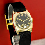 Vintage IWC 18K Gold Watch Cal. C83 28mm Cushion Case Black Dial Wristwatch