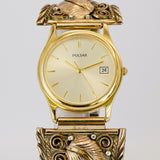 Vintage Pulsar Watch Date 33mm on a Native America Sterling Ornate Watch Tips Flex Band