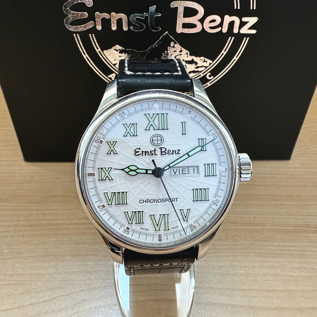 Ernst Benz watch, white face, leather strap, Roman numerals, front face