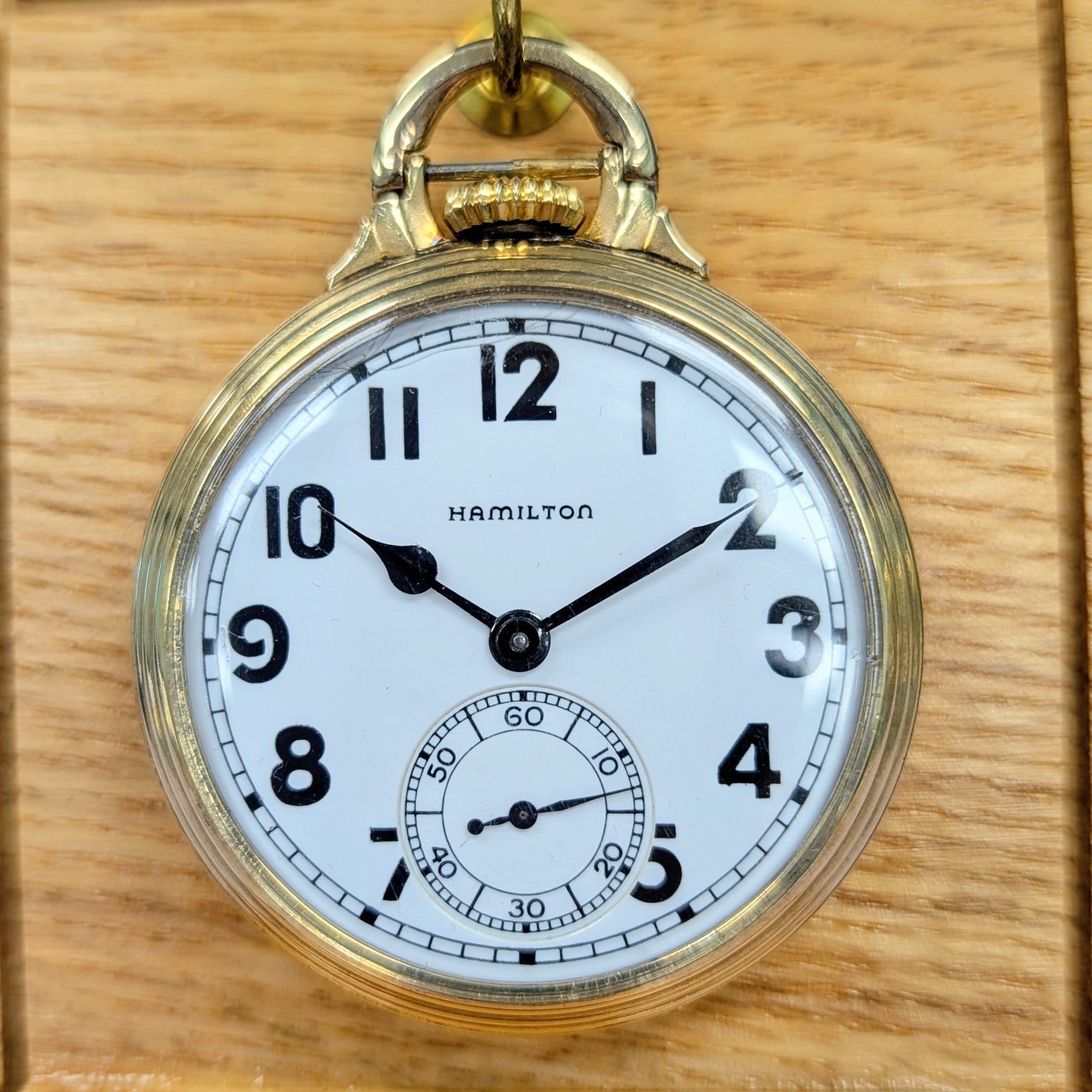 Hamilton White enamel with Arabic numerals, railroad minute track, blued steel hands