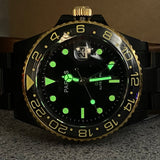 PARNIS Automatic Watch Date Indicator GMT/Dual Time Black Rotating Bezel Wristwatch 42mm