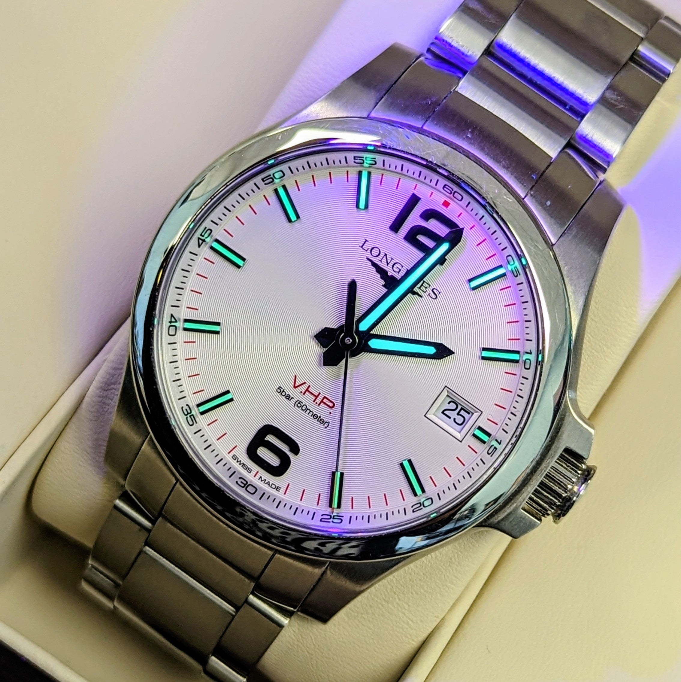 Longines VHP quartz watch with perpetual calendar and luminous hands