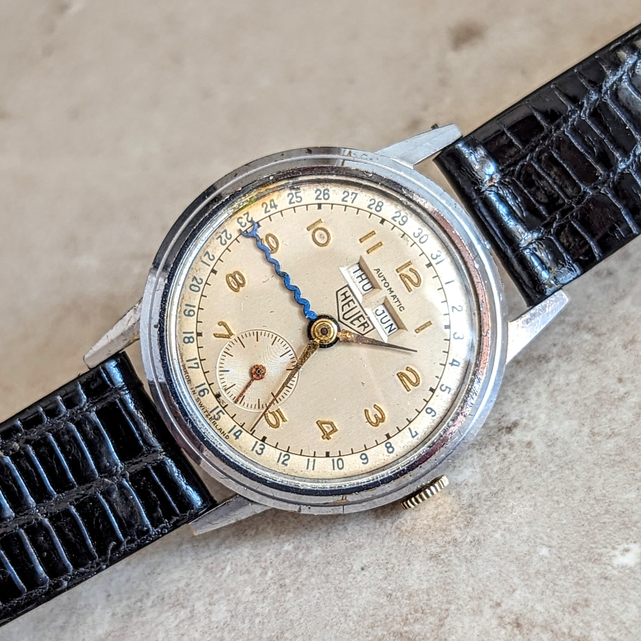 1950s HEUER Bumper Automatic Triple Calendar Wristwatch 1806
