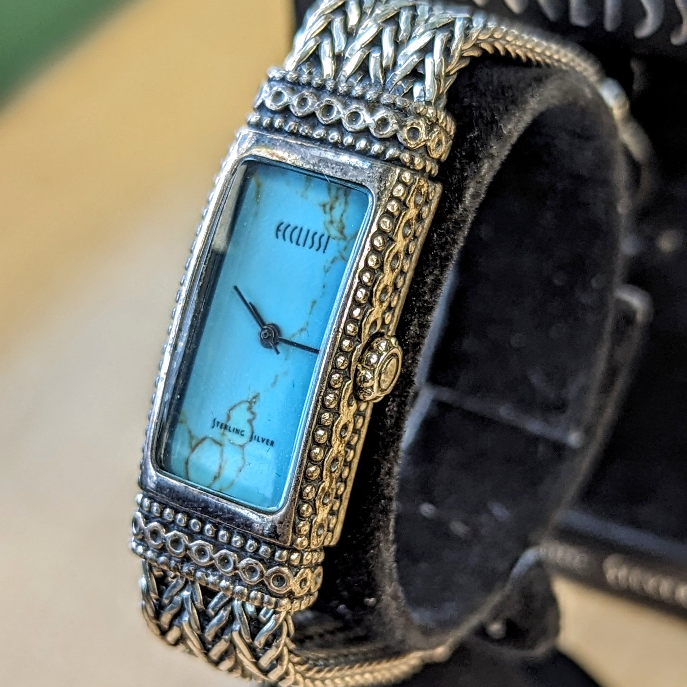 silver ladies dress watches ECCLISSI Sterling Silver Ladies Watch Turquoise Dial Quartz Wristwatch