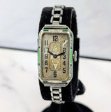 1932 ELGIN Art Deco Ladies Watch Grade 484 Black & Green Enamel Tank Case 15J