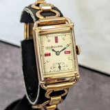 1945 BULOVA Watch 14K Rose Gold Tank Case & Bracelet - Diamond & Ruby Dial