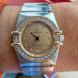 1987 Ladies Omega Constellation Quartz Watch ALL Two-Tone & Diamond Bezel 23mm