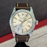 1966 Rolex Datejust 36 Watch 1603 Silver Dial Engine-Turned Bezel Wristwatch