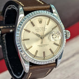 1966 Rolex Datejust 36 Watch 1603 Silver Dial Engine-Turned Bezel Wristwatch