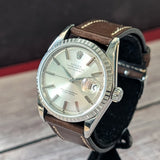 1966 Rolex Datejust 36 Watch 1603 Silver Dial Engine-Turned Bezel Wristwatch