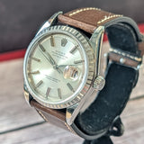 1966 Rolex Datejust 36 Watch 1603 Silver Dial Engine-Turned Bezel Wristwatch