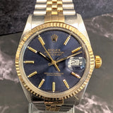 Rolex Datejust 16013 blue dial two-tone Jubilee bracelet front view