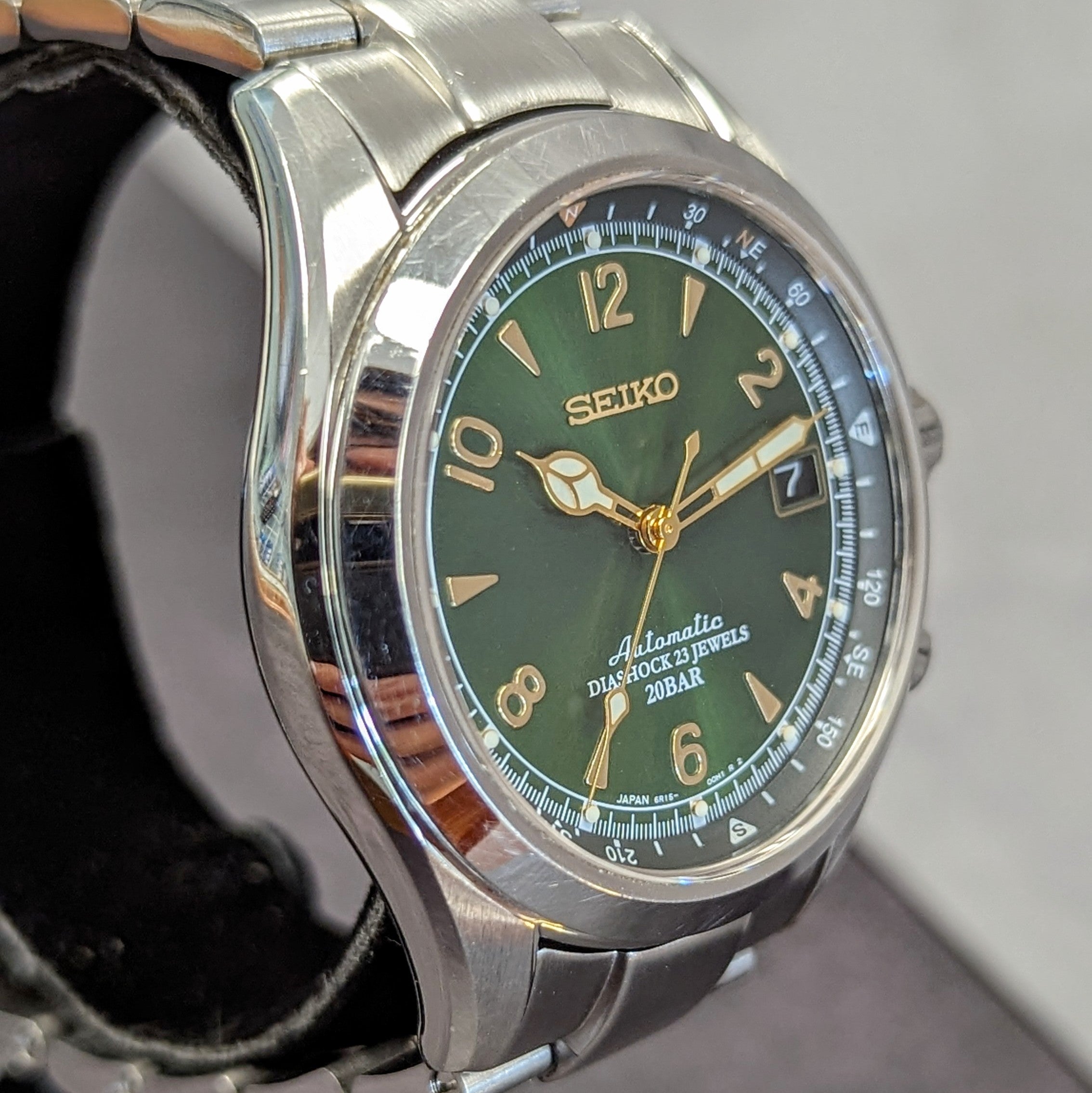 Side view of Seiko SARB017 showing dual crowns and compass bezel