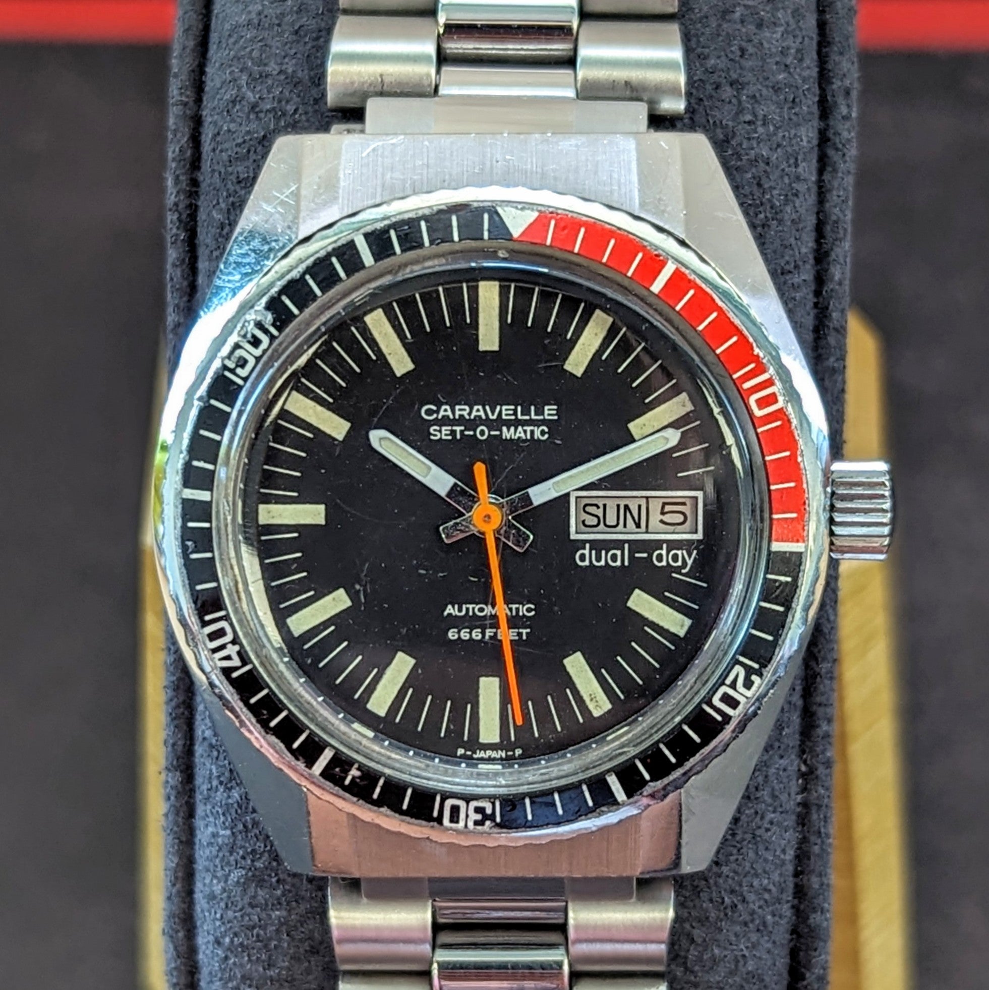 Vintage 1976 Caravelle 666 feet diver with orange sweep seconds hand