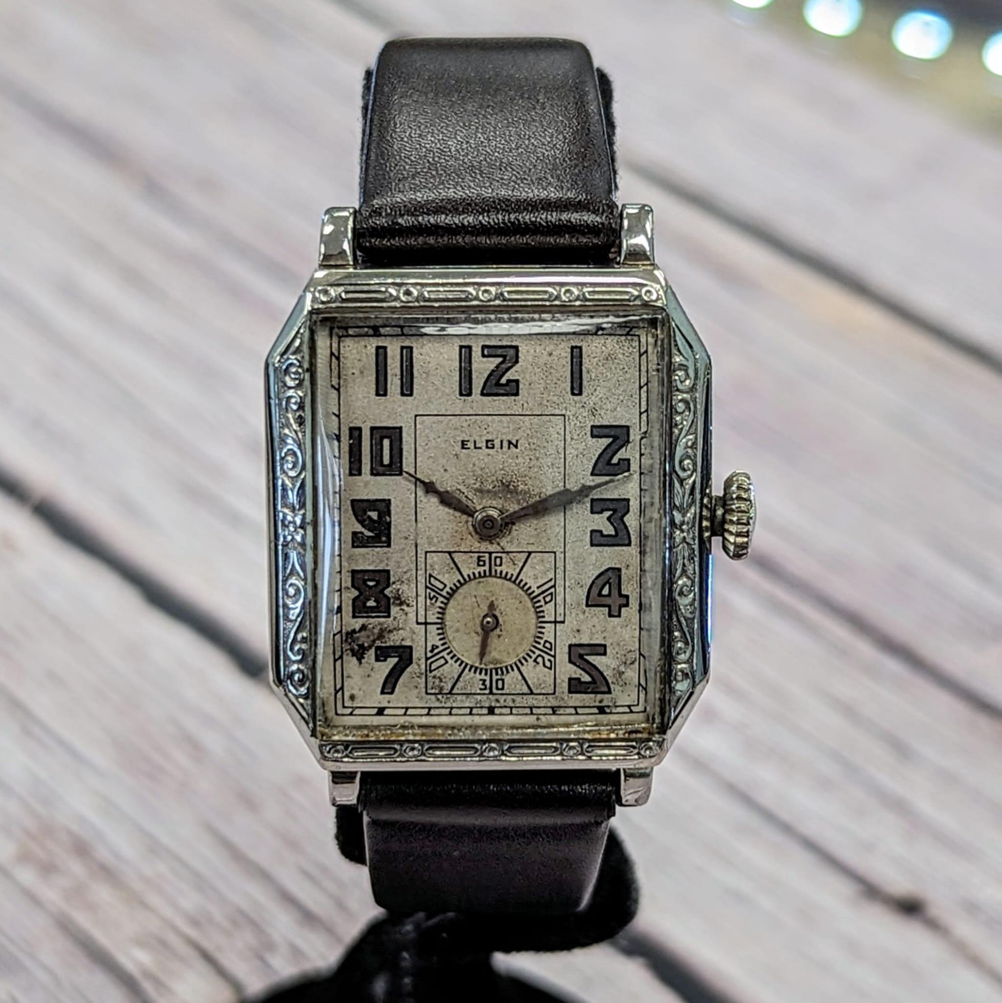 1930 ELGIN Watch 17 Jewels Grade 489 Art Deco Tank Case 14K White